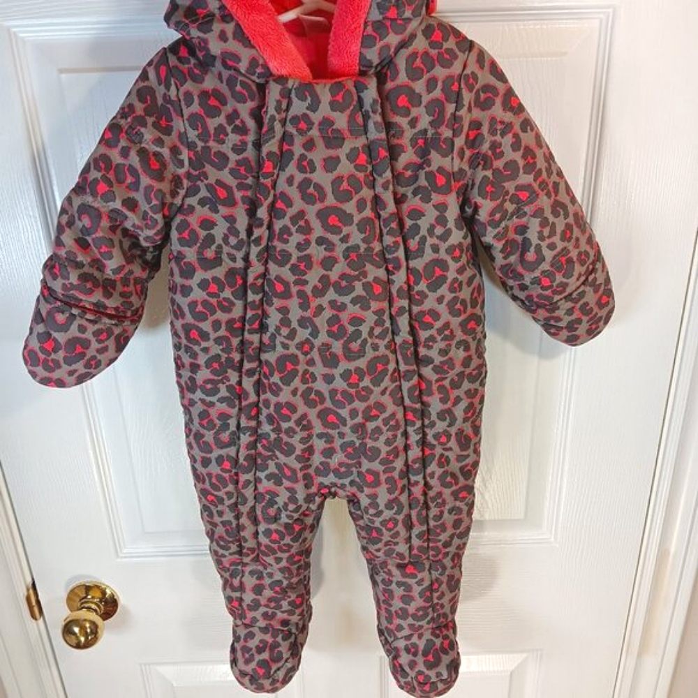 NWOT George Baby Grey Pink Animal Print Bunting Suit Fleece Lined Size 6-12M